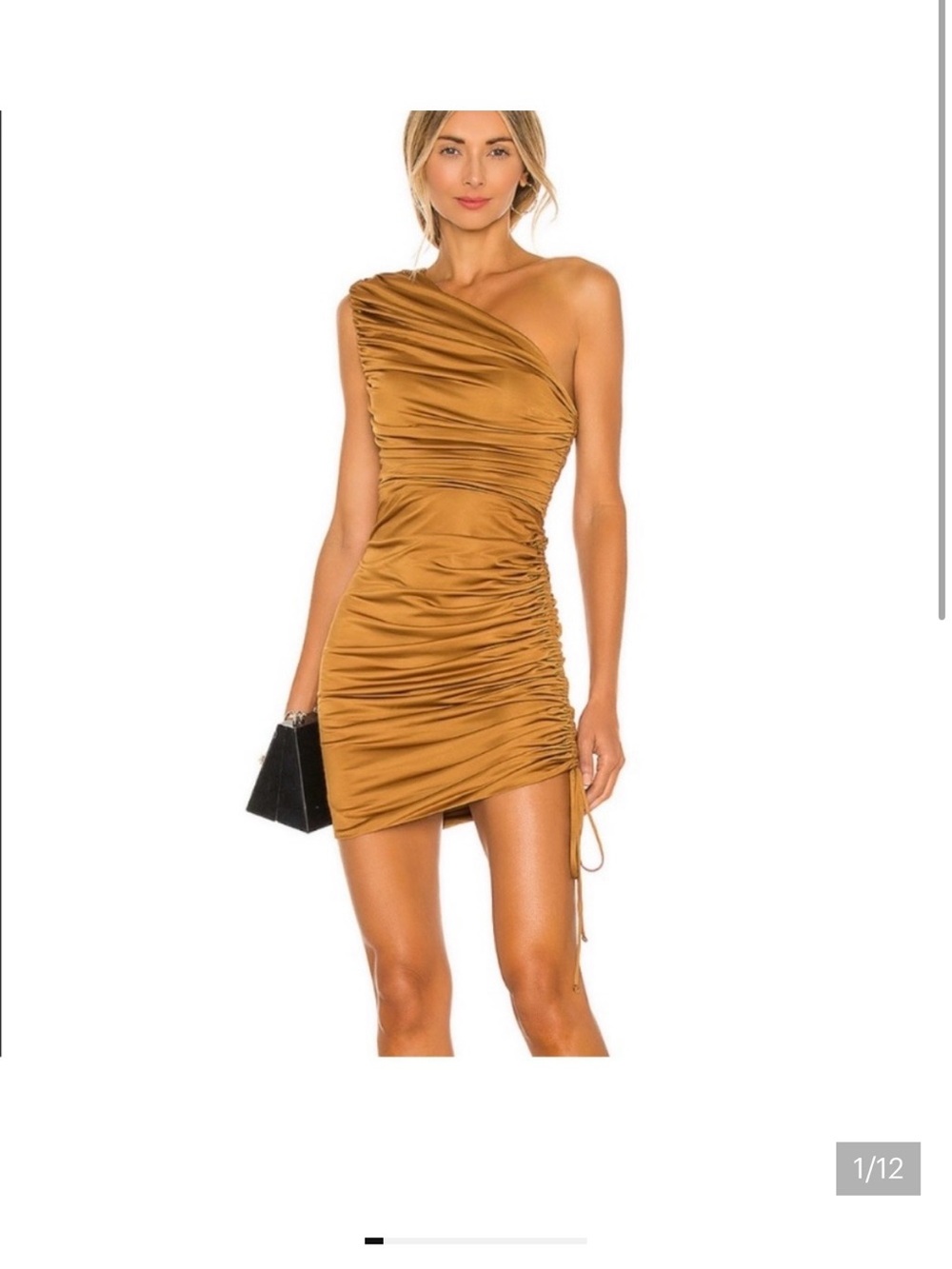 Michael Costello One-Shoulder Ruched Mini Dress in Mustard Gold